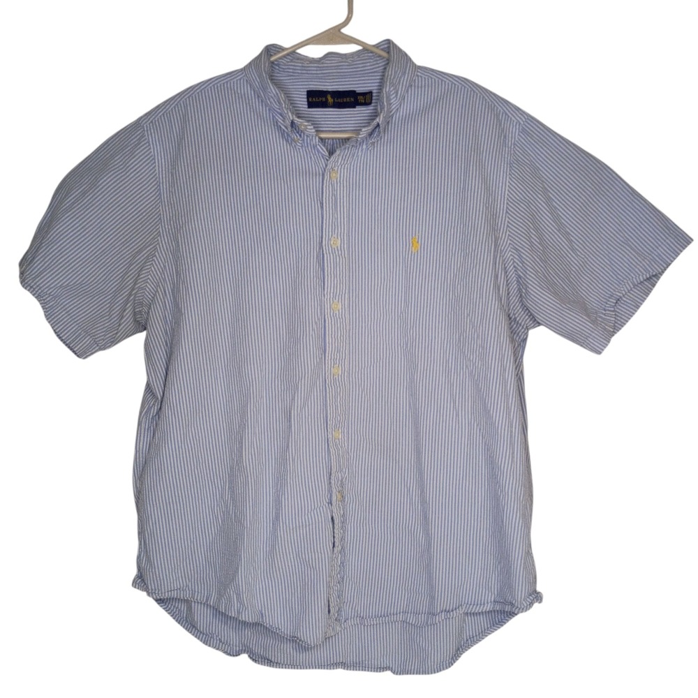 Ralph Lauren Seersucker Blue Striped‎ Short Sleeve Shirt Yellow Pony Mens XXL